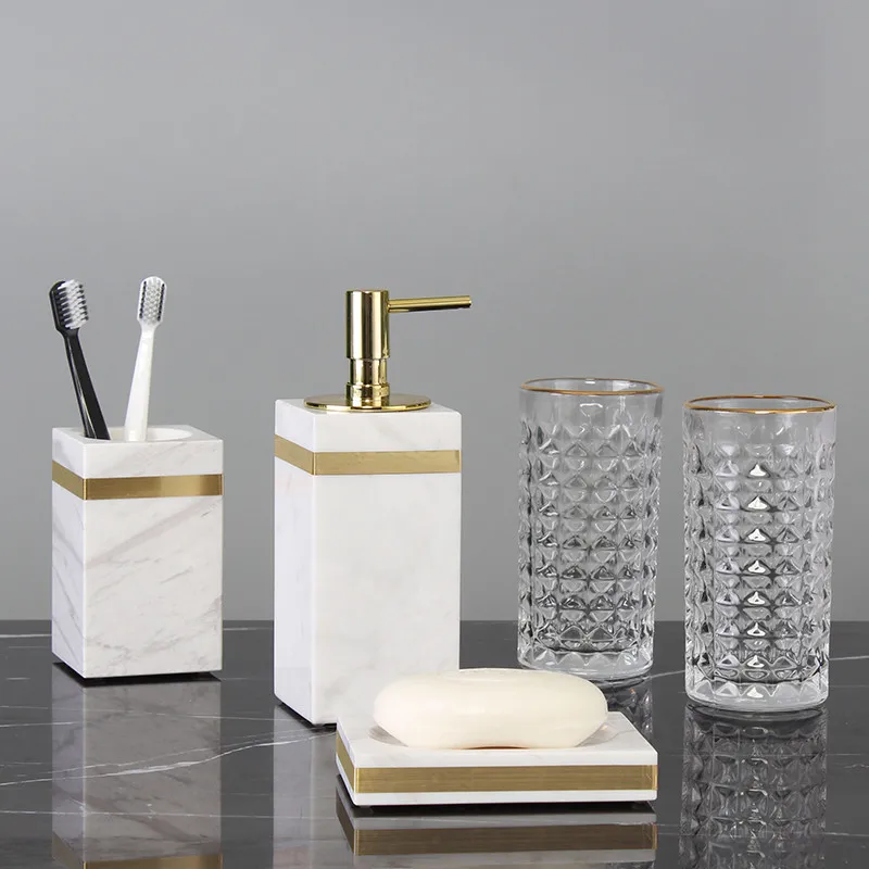 Bathroom Accessories Marble Soap Dispensers/Dish Toothbrush Holder Gargle Cups Tray Wedding Gifts Gold Head White By Piece