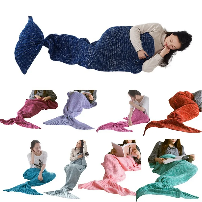 Mermaid Tail Blanket Yarn Knitted Handmade Crochet Mermaid Blanket Kids Throw Bed Wrap Super Soft TV Sofa Sleeping Bed Decor