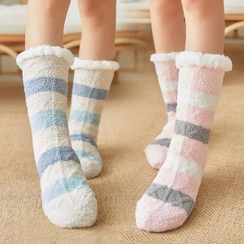 

Floor Home Fluffy Socks Coral Velvet New Women Cozy Striped Socks Winter Warm Sleep Bed Socks Clothing Accessories
