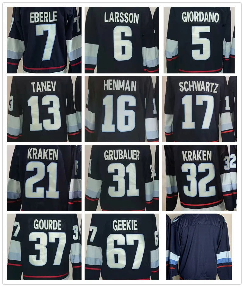 Seattle Hockey Jersey Men EBERLE #7 TANEV#13 KRAKEN #21 GRUBAUER KRAKEN #32  GOURDE #37 GEEKIE #67 Retro Women Luxury Brand Youth