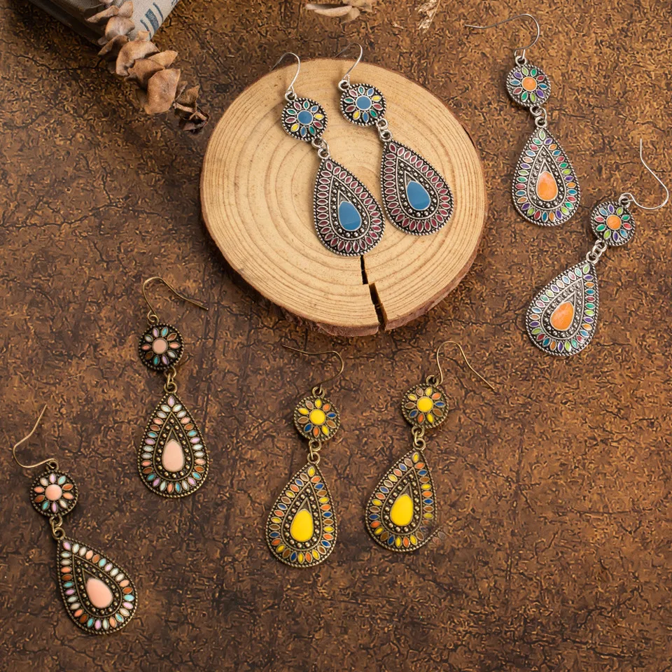 Ethnic Big Long Water Drop Earrings for Women Bohemian Vintage Metal Colorful Flowers Wedding Statement Earring Indian Jewelry (12)