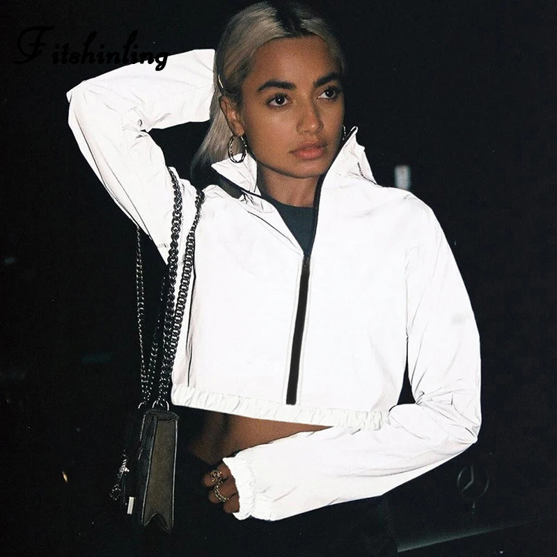 

Fitshinling Harajuku Autumn 2019 Women's Sweatshirt Reflective Fashion Streetwear Cropped Sweatshirts Hoodies Zip Up Moletom New