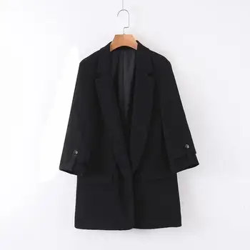 

women black casual blazers 2020 fashion ladies three quarter sleeve single breasted solid button balzer chic female streetwear
