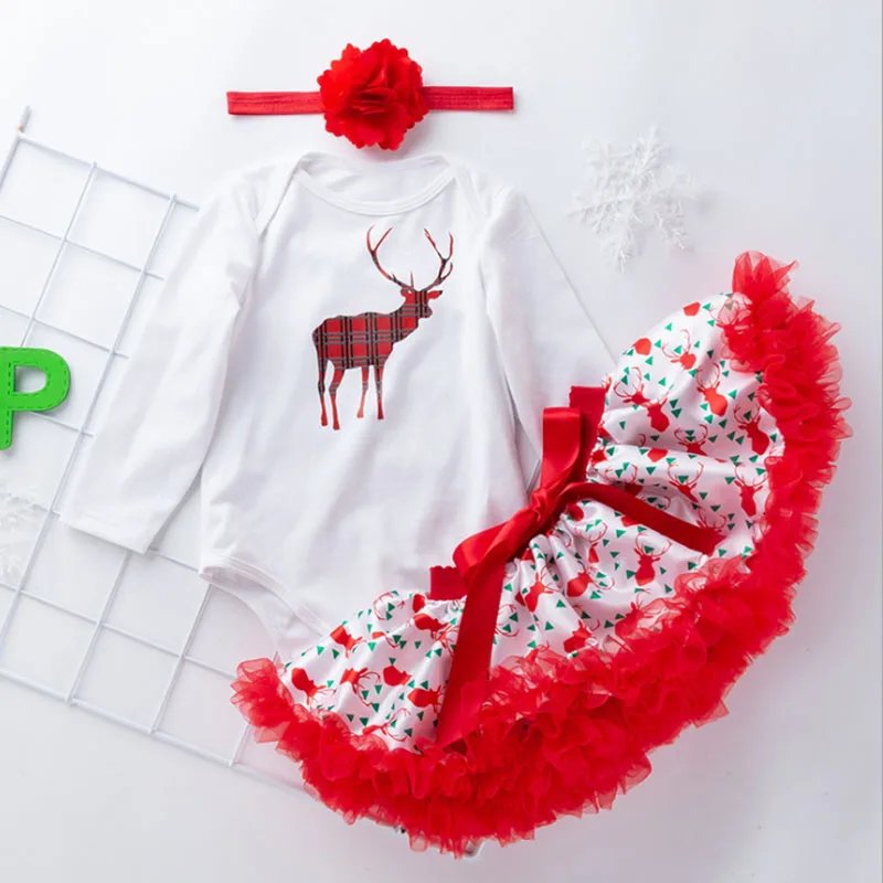 Рождественская одежда для маленьких девочек комплекты для новорожденных хлопковый комплект из 3 предметов для маленьких девочек с длинными рукавами, Рождественский красный костюм для малышей