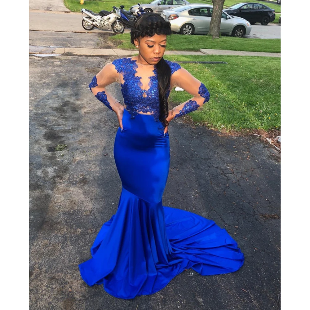 Elegant Royal Blue Prom Dress 2020 Mermaid Lace Appliques See Through Spandex Fabric Sweep Train Formal Pageant CP434 | Свадьбы и