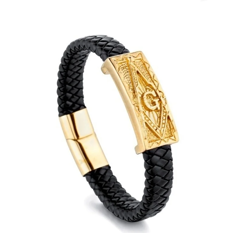 Classic Punk Gold Color Leather Bracelet Masonic Symbol Freemason Bracelet Jewelry bracelet jewelry