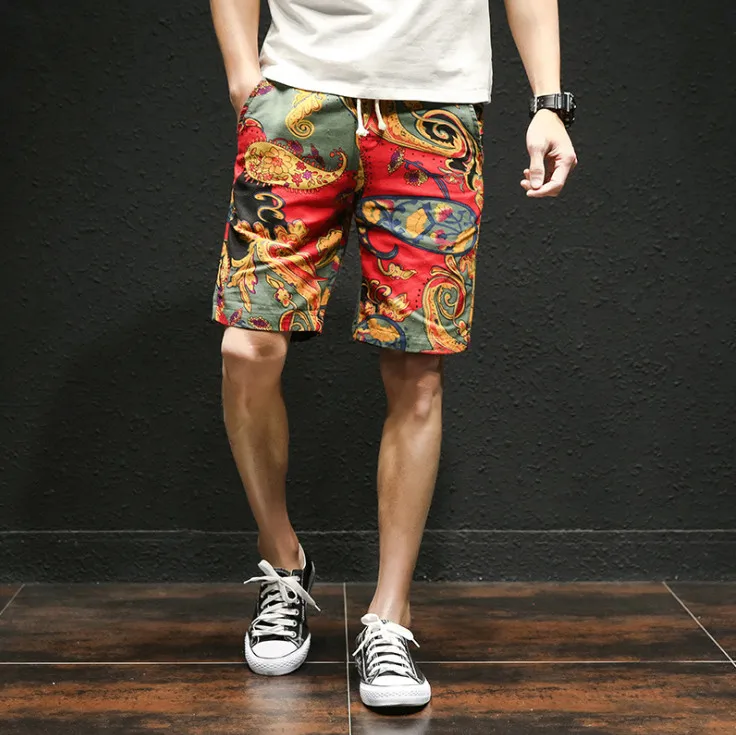 

Men's Casual Beach Floral Shorts New Summer Fashion Straight Cotton Linen Bermuda Hawaiian Short Pants Male Brand