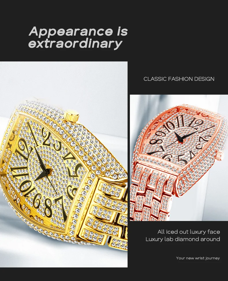 MISSFOX Ceas de aur pentru bărbați, ceasuri hip-hop bling bling tonneau cu cuarț pentru bărbați mari, impermeabil, ceas de mână Millerable_voghion.com