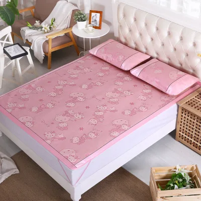3PCS Ice silk mat jacquard mat 1.5 / 1.8 meters washable 2 pillowcases and 1 mat folding single double air conditioning K8-7