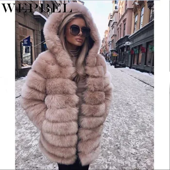 

WEPBEL Women Hooded Winter Parkas Solid Color Warm Thick Full Sleeve Fur Ladies Long Parka