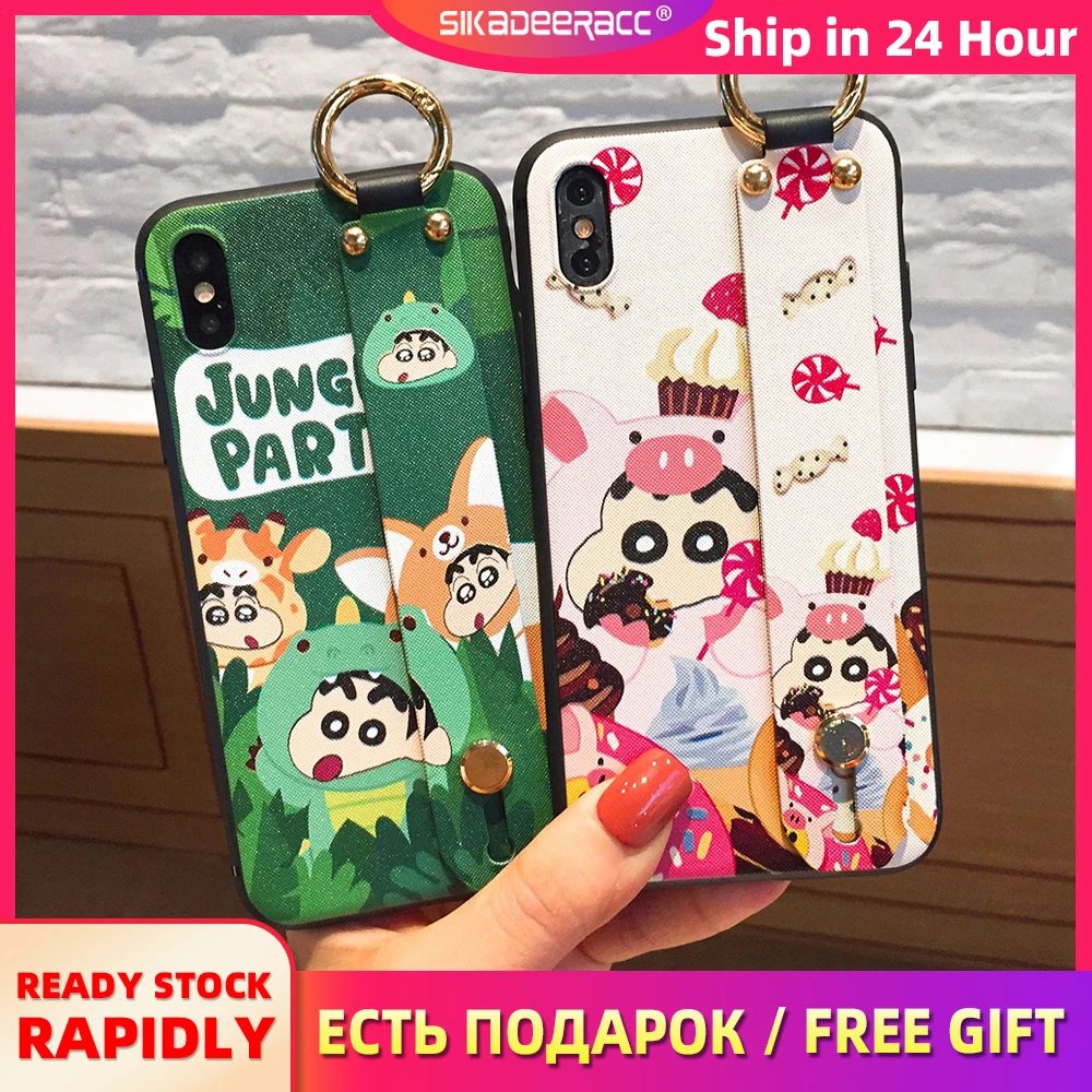 Wrist Band Phone Case For iPhone X XS MAX XR 11 Pro 6 6s 7 8 Plus 2 in 1 Cute Cartoon Shinchan Stand Holder Silicone Thin Cover | Мобильные