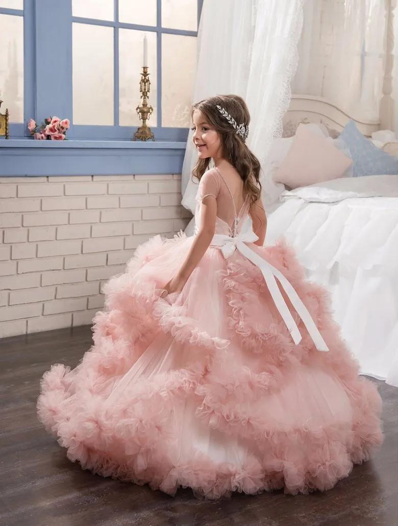 Модные пышные розовые пышные платья для девочек; длинные Детские бальные платья; Vestido de; фатиновые Платья с цветочным узором для девочек на свадьбу