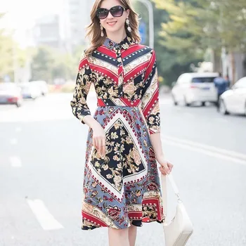 

Xiaomoli Elegant women's Vintage Print stripe large Plaid temperament dress spring and summer new 2020