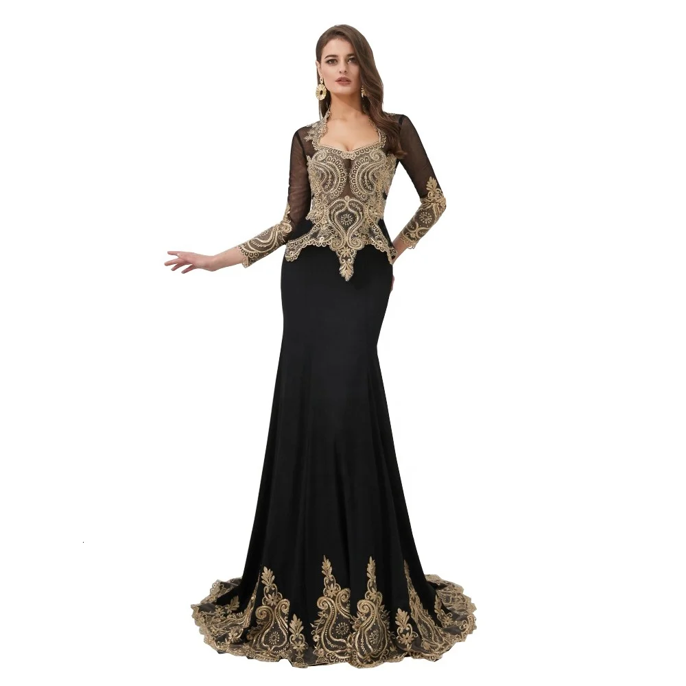 

Womens Long Sleeve Evening Dresses Sexy Mermaid Formal Gowns 2019 Gold Appliques Trumpet Prom Train