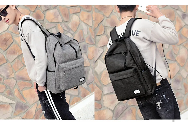 Homens Mochila Clássico Preto Carregamento USB de