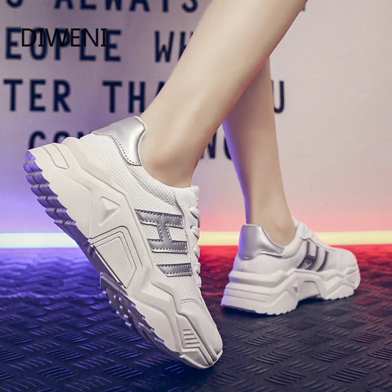 

Women Platform Chunky Sneakers 5cm high lace-up Casual Vulcanize Shoes luxury Designer Old Dad female fashion Sneakers 2020