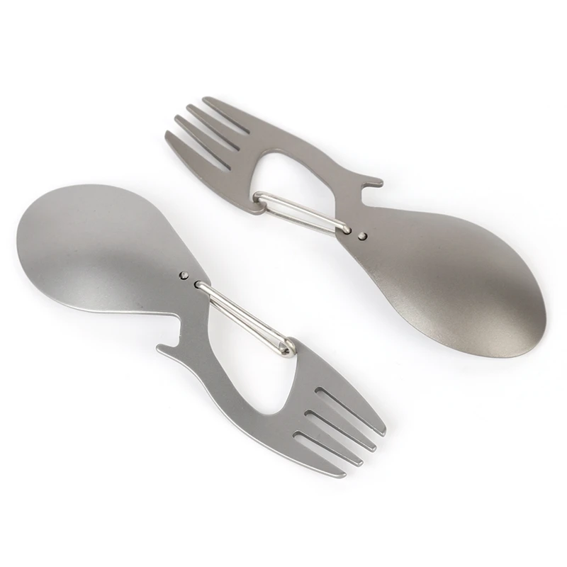 

Hot Outdoor Camping Picnic Tableware Steel Fork Spoon Bottle Opener Carabiner Dinnerware For Hiking Travel Camping Fishing Table