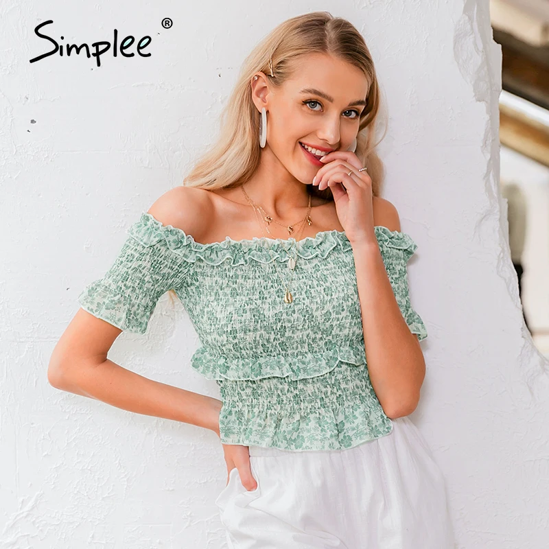 Simplee Vintage green floral women blouse shirt Off shoulder crops tops