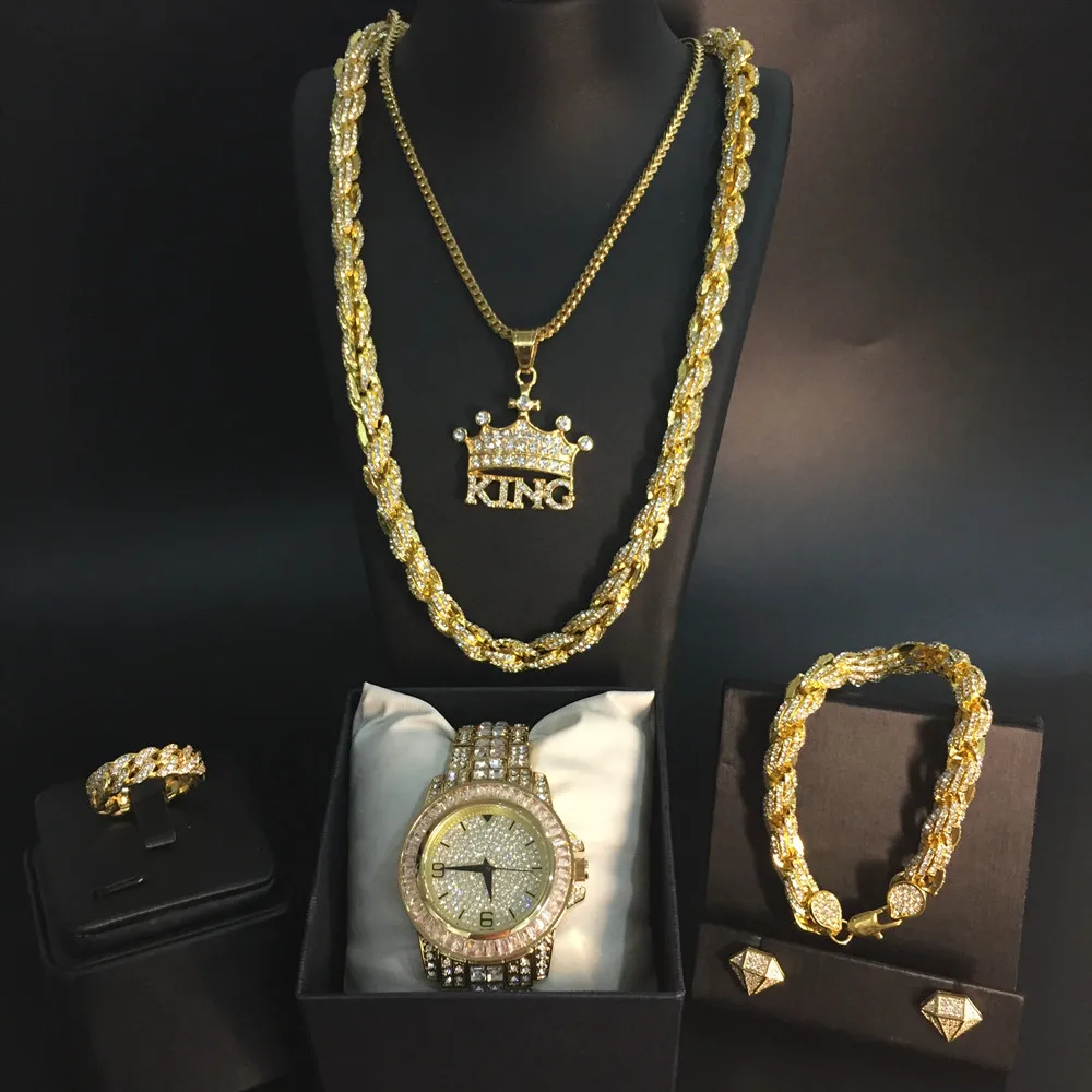 Роскошные мужские золотые часы в стиле хип-хоп, 100 точек, крест, корона, ожерелье, ледяные кубинские часы, ожерелье и браслет, кольцо и серьги, комбинированный набор