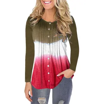 

Womens Autumn Long Sleeve Gradient Color Patchwork Blouse Button Down Pleated Striped Tops Plus Size S-5XL