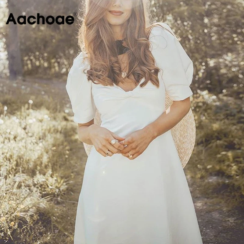 Aachoae Elegant White Midi Dress Women V Neck Puff Short Sleeve Fashion Long Dress Loose Beach Cotton Dress Vestido Mujer Aachoae Elegant White Midi Dress Women V Neck Puff Short Sleeve Fashion Long Dress Loose Beach Cotton Dress Vestido Mujer