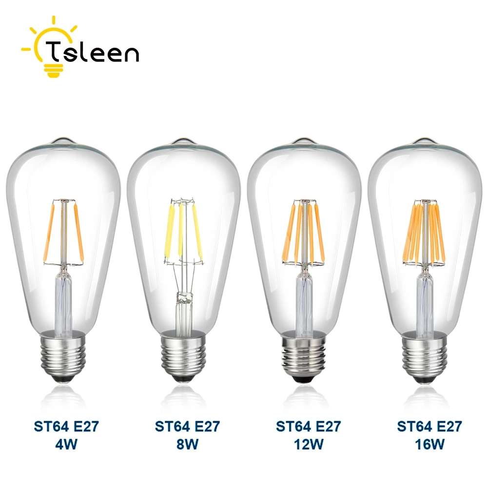 TSLEEN 10x E27 ST64 220/110V 4/8/12/16W Retro Edison COB LED Bulb Vintage Ball Light Filament Lamp Lampada For Home Decor