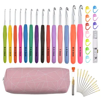 

Crochet Hooks Set 14Pcs Ergonomic Soft Grip Handle Large-Eye Blunt Knitting Needles Weave Tool Kit Sewing Accessories with Case