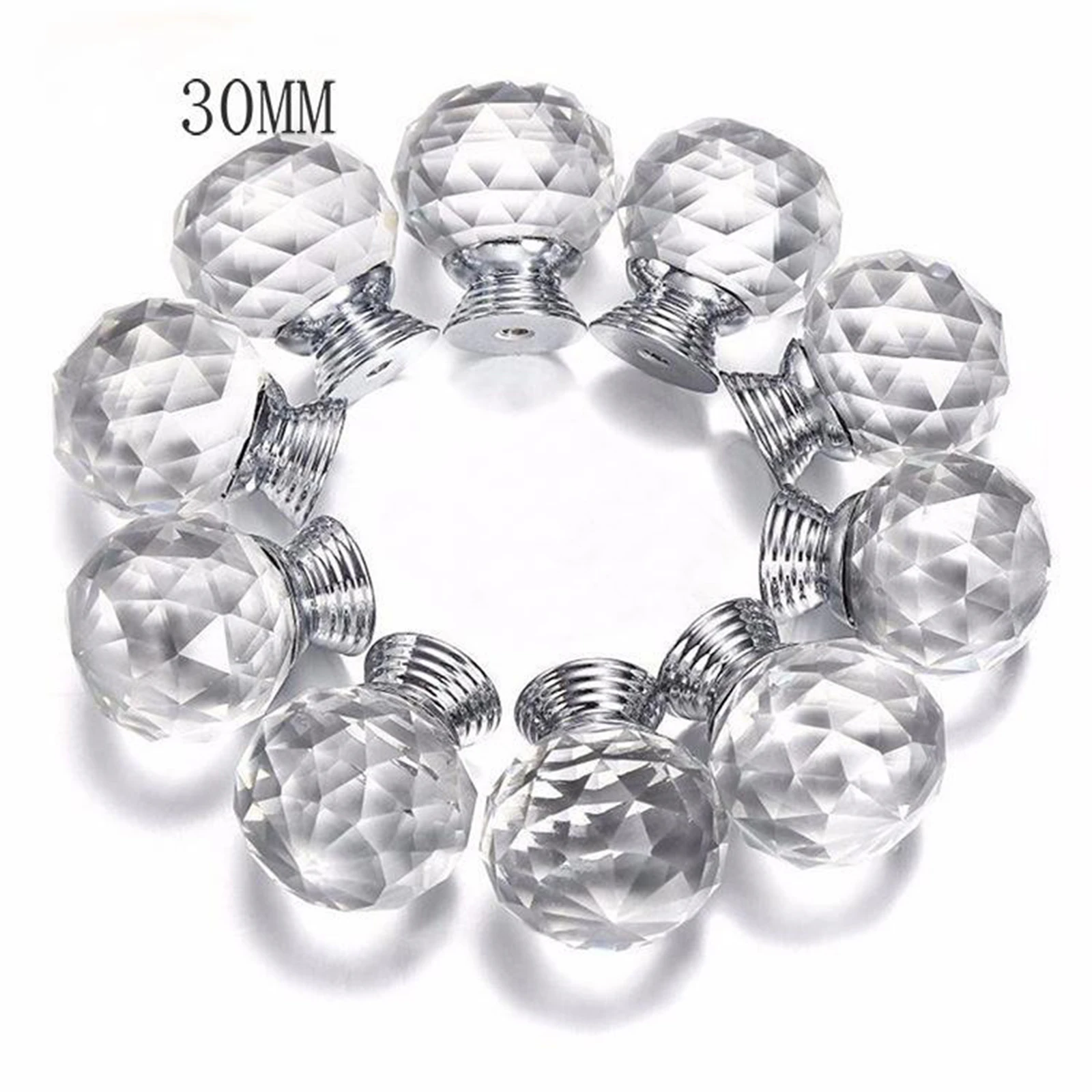 10Pcs 30MM Crystal Clear Cabinet Dresser Knobs Diamond Shape Drawer Door Chrome Glass Pull Handles for Kitchen Office DIY