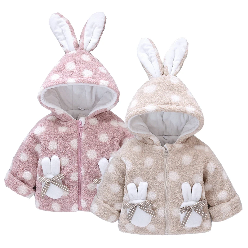 

Kids Winter Jacket Cute Rabbit Plush Girls Coat 3 Colours Dot Hooded Zipper Girls Jackets Thicken Warm Baby Jacket Girls Clothes