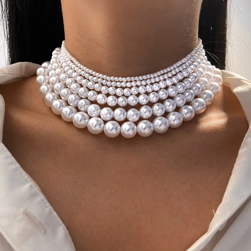 Collar de perlas de blancas para mujer, Gargantilla Vintage elegante, collar de boda con de perlas redondas grandes, joyería de moda|Collares colgantes| - AliExpress