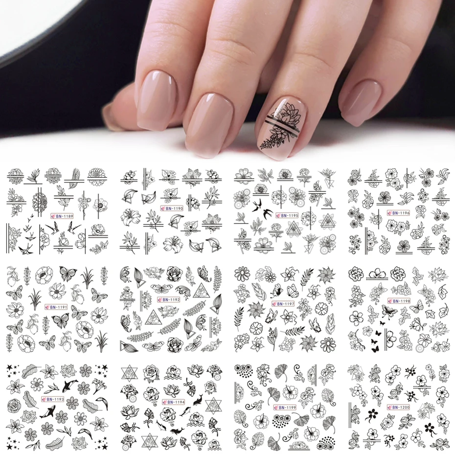 12 шт микс черный цветок наклейки для ногтей Полые цветочные бабочки Переводные Слайдеры для маникюра украшения SABN1189-1200-1