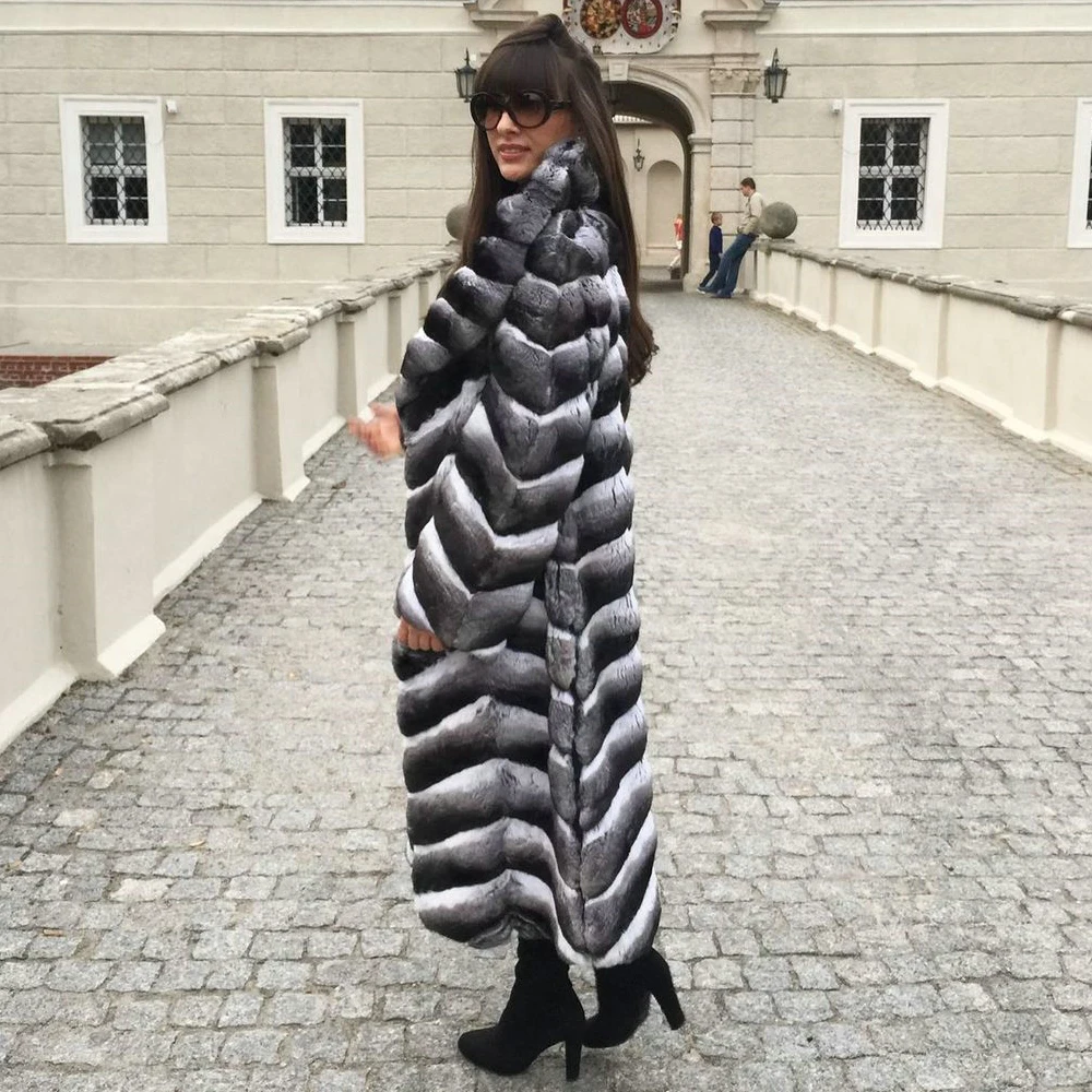 X-long Real Rex Rabbit Fur Coat with Turn-down Collar High Quality Genuine Rex Rabbit Fur Coats Chinchilla Color Fur Overcoats