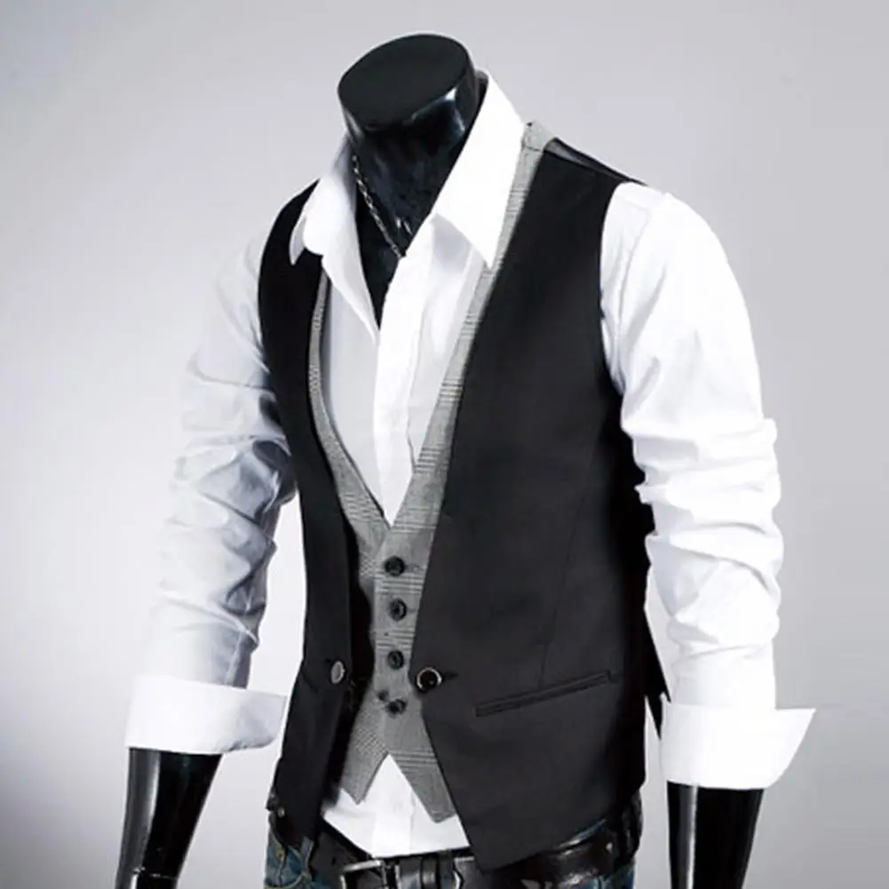 Men Formal Waistcoat Vest Business Fake Two-pieces V Neck Sleeveless Button Pocket Slim dress vests