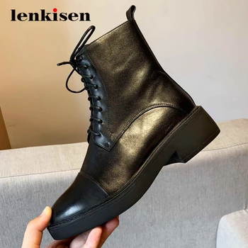 

Lenkisen new motorcycle boots genuine leather cross-tied modern round toe thick med heels zipper handsome mature ankle boots L30