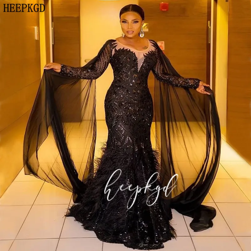 

New Design 2020 Long Sleeves Mermaid African Evening Dress Feathers Sequins Long Special Occasion Women Dresses Customize