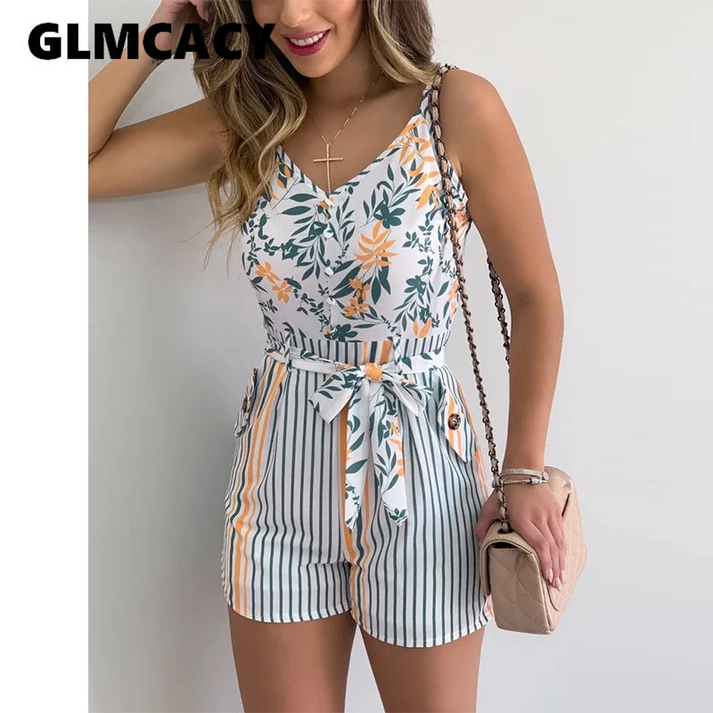 Women Tropical Print Knotted Design Romper Playsuits Sleeveless Casual Summer Holiday Beach Jumpsuits One Piece Rompers Monos Women Tropical Print Knotted Design Romper Playsuits Sleeveless Casual Summer Holiday Beach Jumpsuits One Piece Rompers Monos