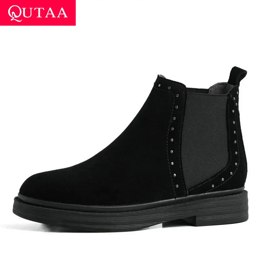 

QUTAA 2020 Fashion Rivet Round Toe Autumn Winter Ankle Boots Cow Suede Square High Heel Slip on Casual Women Shoes Size 34-39