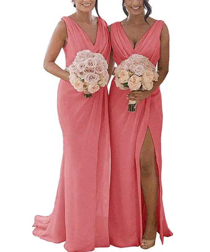 MYYBLE Для женщин двойной V образным вырезом оборками разрез шифоновое платье подружки невесты длинное торжественное платье для выпускного вечера вечерние платья