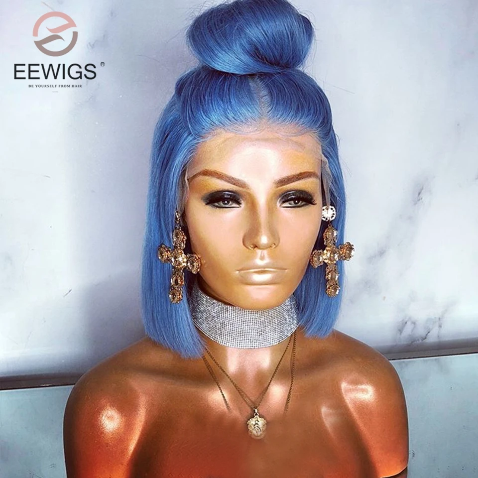 EEWIGS короткий синий парик термостойкий синтетический парик фронта шнурка 12 дюймов высокая температура волокна волос короткий боб парики для черных женщин