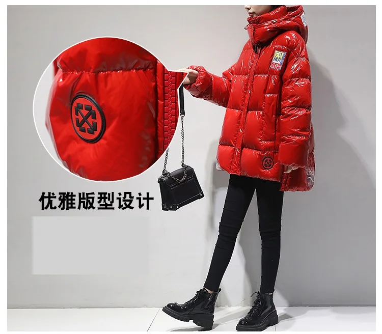 High quality Glossy Down Parkas Coat Winter Jacket Womens Warm Hooded Down Jacket Red/Black Glossy Winter White Duck Down Coats