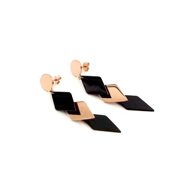 

Fashion round Brand hanging three black rose gold diamond earrings women's personality all-match titanium steel earrings