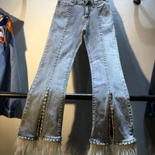 Перо джинсы для Для женщин Новинка осени тяжелые бриллиантами из бисера Высокая талия тонкий микро-брюки, джинсы с яркой отделкой Femme женская обувь в уличном стиле