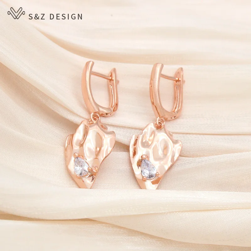 S&Z DESIGN New Fashion Geometric 585 Rose Gold Color Natural Zircon Dangle Earrings For Women Wedding Party Jewelry Gift