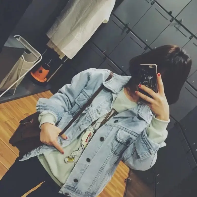 

W Oufan Street Commuting BF Loose Large Version of Long Sleeve Cotton Washing Retro Jeans Coat