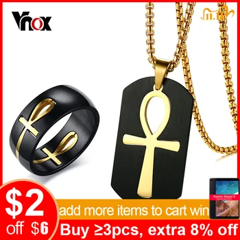 

Vnox Men's Two Tone Cut out Ankh Egyptian Cross Ring and Necklace Jewelry Sets for Men Stainless Steel Detachable Allah Prayer