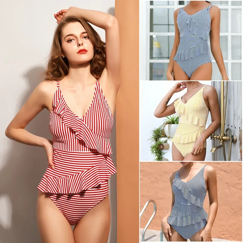 

Sfit Swimsuit for Women one Piece Double Flounce with High Waisted Ruched Bottom Swimwear Striped BikinBathing Suit Plus Size 02