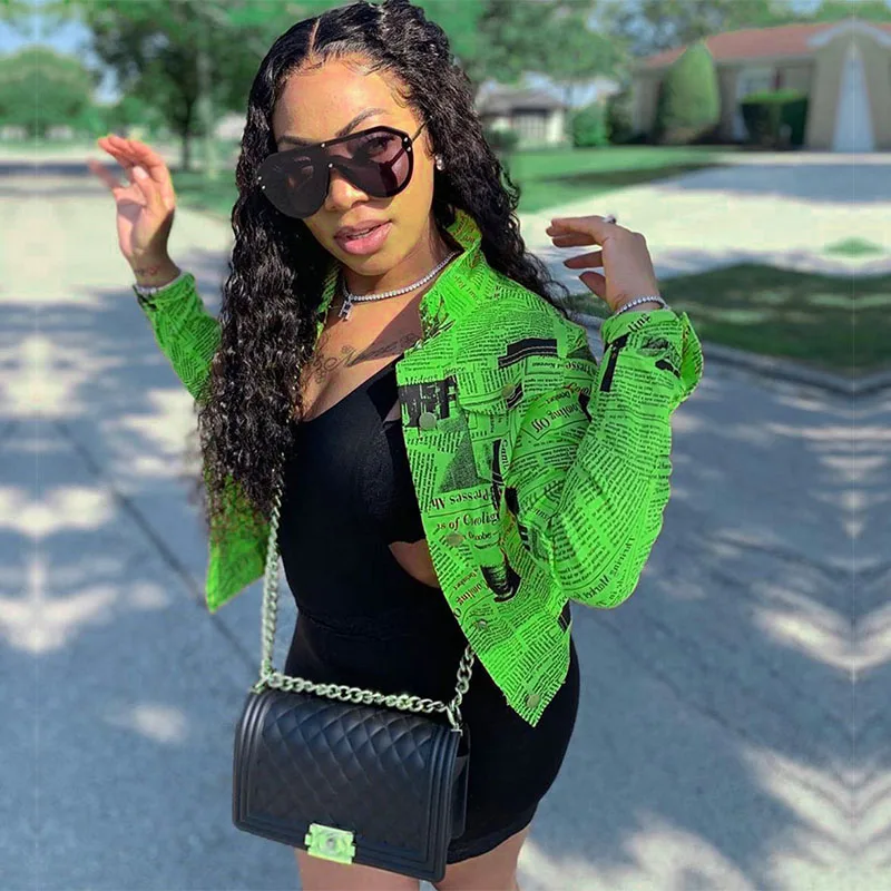 awesome HAOYUAN Newspaper Print Coat Women Long Sleeve Turn Down Collar Button Loose Short Jacket Fall Stre