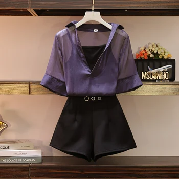 

COIGARSAM 5XL Plus Size Fashion Summer Spaghetti Strap Women Shorts Purple 3656