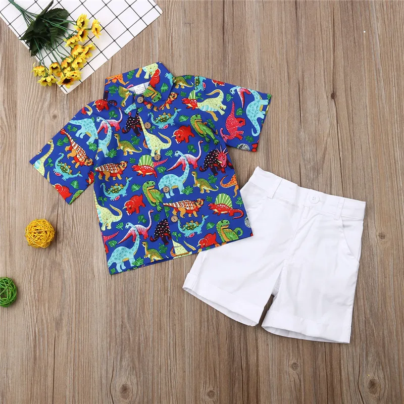 Детская одежда на каникулы для маленьких мальчиков Летние комплекты для девочек футболки с изображением динозавра Белые шорты комплект из