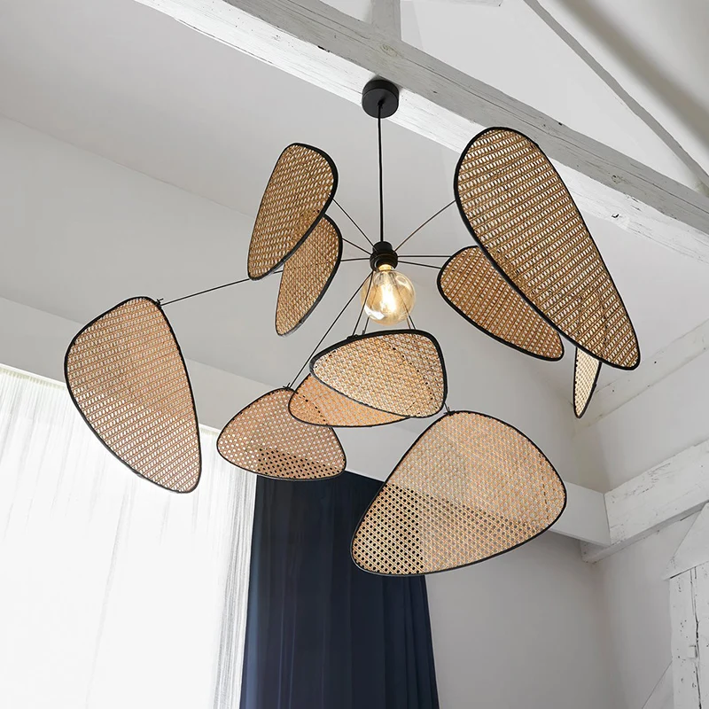 Rattan Chandelier Wicker Suspension Lamp Screen Cannage Kitchen Wood Bamboo e27 Creative Leaf Grid Hand designer lamp